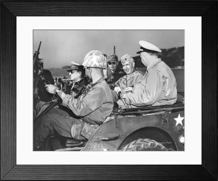 Framed Print : U.S. Commanders, Gen. Douglas MacArthur and Marine Gen. Oliver Smith, tour of Inchon beach. Sept. 15, 1950. Korean War, 1950-53. (BSLOC_2014_11_44)