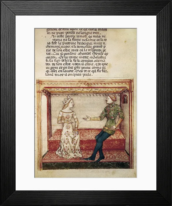 Framed Print : Guinevere and Galaad. Fol. 6 of the anonymous manuscript 'La quete du Saint-Graal. Queste Del Saint Graal' (c. 1380-85). Gothic art. Miniature Painting. FRANCE. Paris