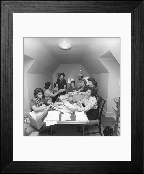 Framed Print : First Lady, Lady Bird Johnson, answering mail with the help of friends and wives of prominent Congressmen and Senators. L-R: Wendy Marcus, Mrs