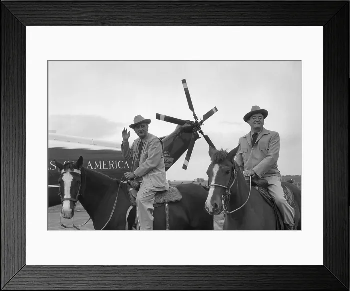 Framed Print : 1964 Presidential Election. President Johnson and Vice-President-Elect Hubert Humphrey on horseback the day after their election landslide winning 61% of the popular vote