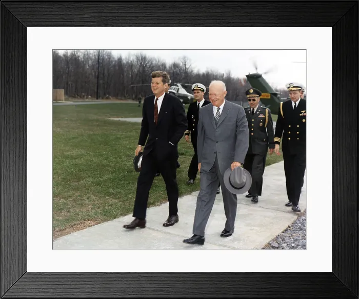Framed Print : President Kennedy and former President Eisenhower walk ahead of military aides at Camp David Framed Print : President Kennedy and former President Eisenhower walk ahead of military aides at Camp David