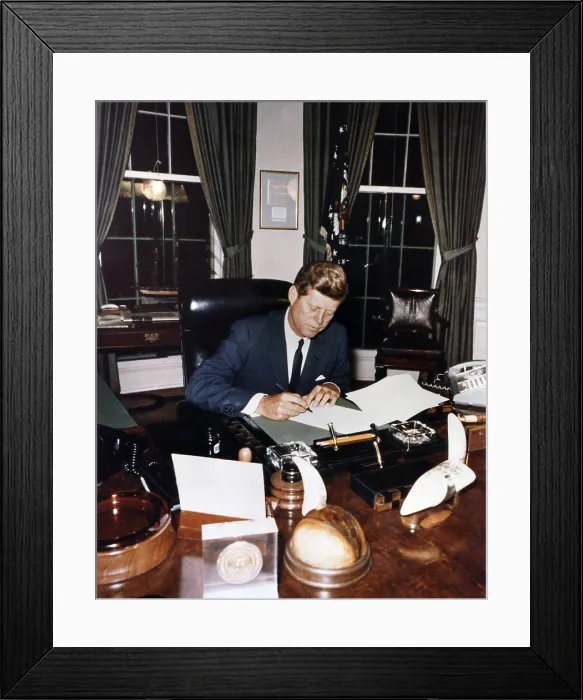 Framed Print : President Kennedy signing Cuba Quarantine Proclamation. The US Navy blockade would prevent the delivery of additional Soviet missiles to the Communist island nation. Oct. 23, 1962