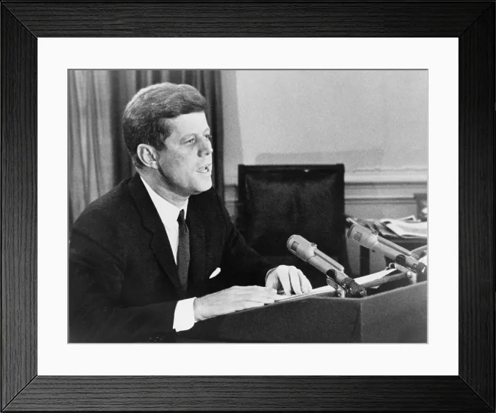 Framed Print : President John F. Kennedy announcing the US establishment of a naval blockade against Cuba, during the Missile Crisis. Oct. 22, 1962 Framed Print : President John F. Kennedy announcing the US establishment of a naval blockade against Cuba, during the Missile Crisis. Oct. 22, 1962