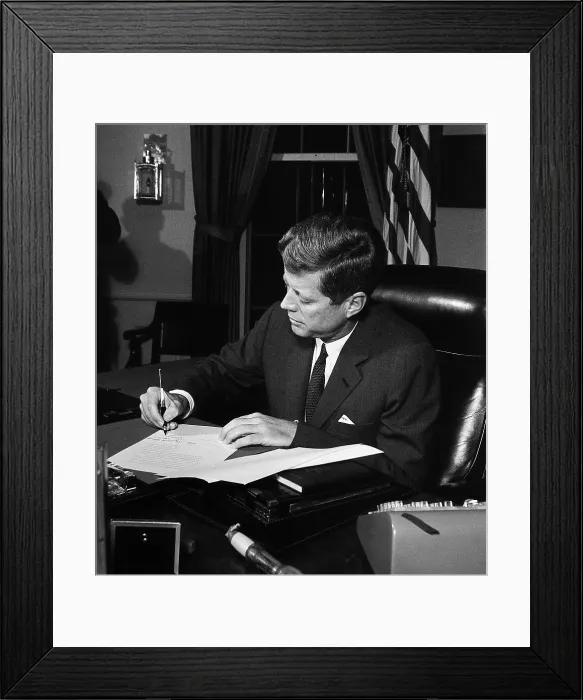 Framed Print : President Kennedy signing Cuba Quarantine Proclamation. The US Navy blockade would prevent the delivery of additional Soviet missiles to the Communist island nation. Oct. 23, 1962