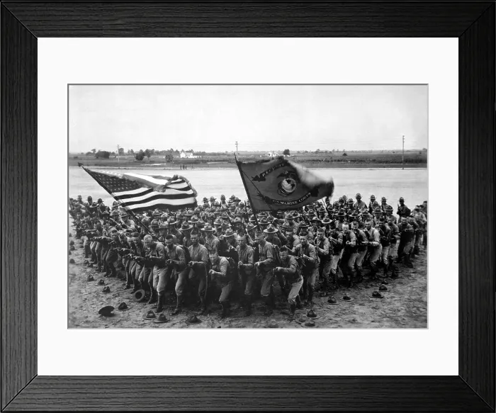 Framed Print : Fierce U.S. Marines. They pose in a tight formation on an American base during training in World War I. 1918