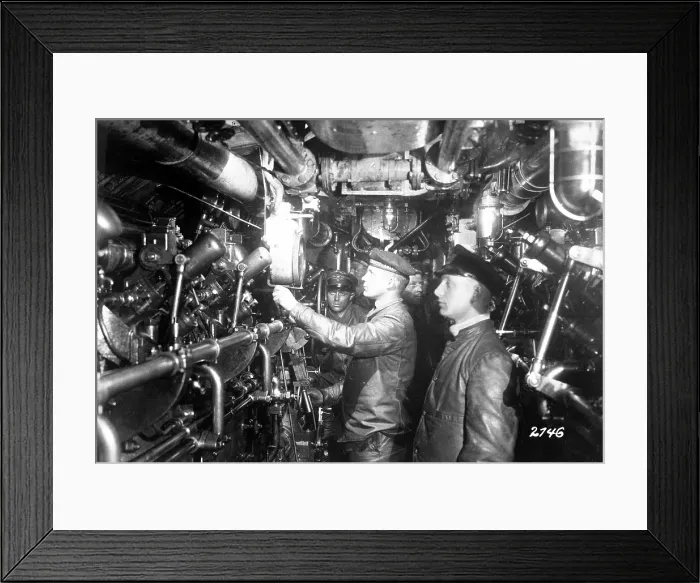 Framed Print : Engine room of an oil-burning German submarine. World War I. Ca. 1914-18 Framed Print : Engine room of an oil-burning German submarine. World War I. Ca. 1914-18