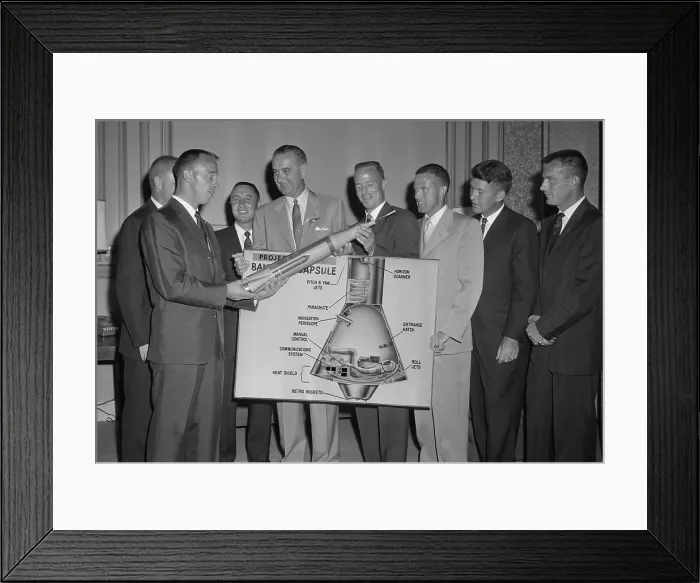 Framed Print : Senate Majority Leader, Lyndon Johnson, posing with U.S. Mercury astronauts: L-R: Alan Shepard, John Glenn (behind Shepard), Gus Grisson, Sen Framed Print : Senate Majority Leader, Lyndon Johnson, posing with U.S. Mercury astronauts: L-R: Alan Shepard, John Glenn (behind Shepard), Gus Grisson, Sen