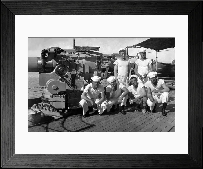 Framed Print : U.S. Sailors that crew the five inch gun on an American destroyer. World War I. 1917-1918