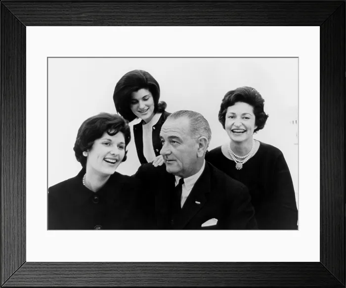 Framed Print : President Lyndon Johnson family portrait. Lynda Johnson, Luci Johnson, Pres. Lyndon Johnson, Lady Bird smiling but still dressed in black a week after the Kennedy Assassination Framed Print : President Lyndon Johnson family portrait. Lynda Johnson, Luci Johnson, Pres. Lyndon Johnson, Lady Bird smiling but still dressed in black a week after the Kennedy Assassination