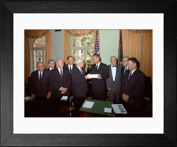 Framed Print : The Warren Commission present their report on the assassination of President Kennedy. L-R: John McCloy, Lee Rankin (General Counsel), Sen. Richard Russell, Rep