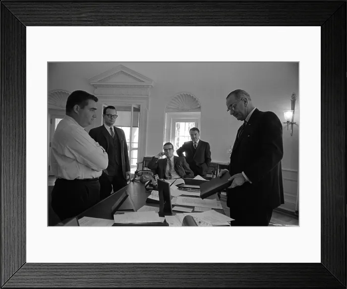 Framed Print : Lyndon Johnson with former Kennedy staff Pierre Salinger and Ted Sorensen. L to R: Pierre Salinger, Bill Moyers, Ted Sorensen, Jack Valenti, President Johnson, on Jan. 21, 1964 Framed Print : Lyndon Johnson with former Kennedy staff Pierre Salinger and Ted Sorensen. L to R: Pierre Salinger, Bill Moyers, Ted Sorensen, Jack Valenti, President Johnson, on Jan. 21, 1964
