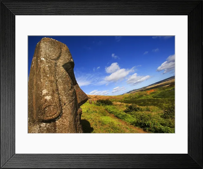 Framed Print : CHILE. VALPARAISO. Ahu Tongariki. Easter Island. Rapa Nui National Park. Crater of Rano Kao volcano. Sacred site. Moai quarry. Art of Oceania. Sculpture