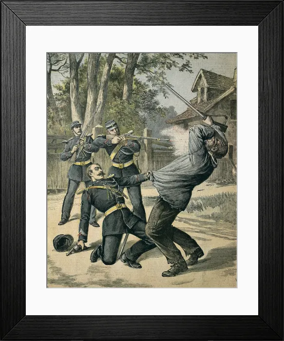 Framed Print : Ex-Con Boissin resists arrest and is shot by the Gendarmes, 1892. Illustration of the illustrated supplement of 'Le Petit Journal'. Drawing. FRANCE. Paris Framed Print : Ex-Con Boissin resists arrest and is shot by the Gendarmes, 1892. Illustration of the illustrated supplement of 'Le Petit Journal'. Drawing. FRANCE. Paris