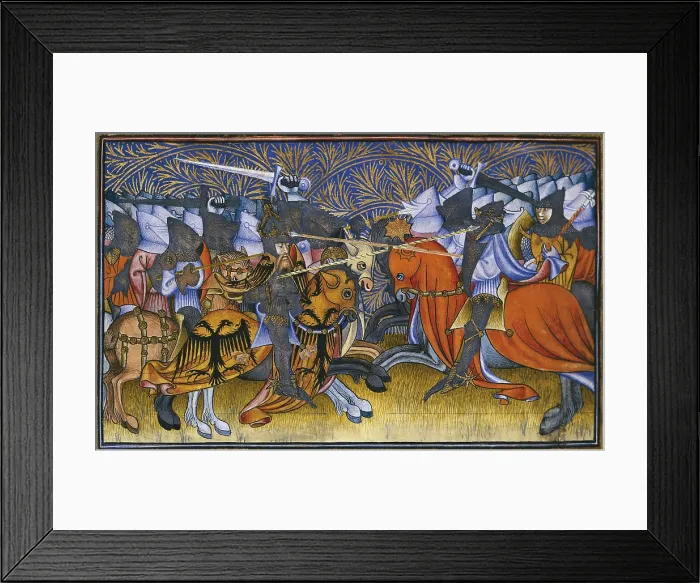 Framed Print : PETRARCH (1304-1374). Italian humanist and poet. 'De Viris Illustribus'. Fol. 23rv. Miniature painting with armies fighting (14th c.). Gothic art. ; Renaissance art