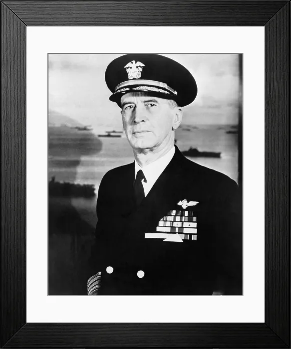 Framed Print : Admiral Ernest King in full naval uniform, against a backdrop of the fleet. 1956. (BSLOC_2013-12_109)