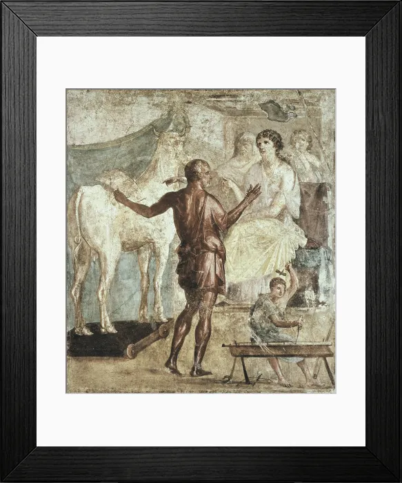 Framed Print : ITALY. Pompeii. House of the Vettii. Daedalus presents the artificial cow to Pasipha. 1st C. A.D. Roman art. Early Empire. Painting; Fresco