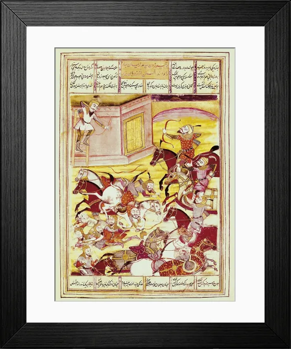 Framed Print : Shahnameh. The Book of Kings. 16th c. Sam shooting an arrow at an archer defending an enchanted castle, from Firdawsi's Shahnama (gouache on paper). F12v Framed Print : Shahnameh. The Book of Kings. 16th c. Sam shooting an arrow at an archer defending an enchanted castle, from Firdawsi's Shahnama (gouache on paper). F12v