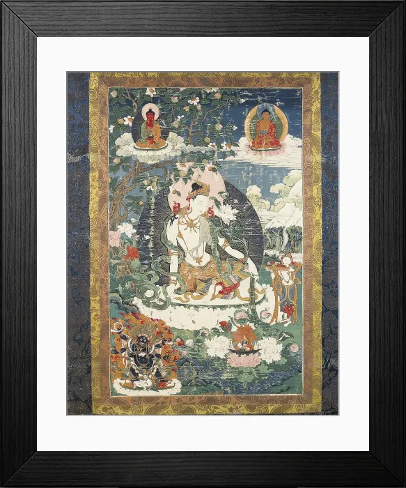 Framed Print : Tibetan tanka with an illustration of a relaxed Avalokite?vara. Tibetan art. FRANCE. Paris. Guimet Museum. - BeBa / Iberfoto / Everett Collection (341786)**US SALES ONLY**