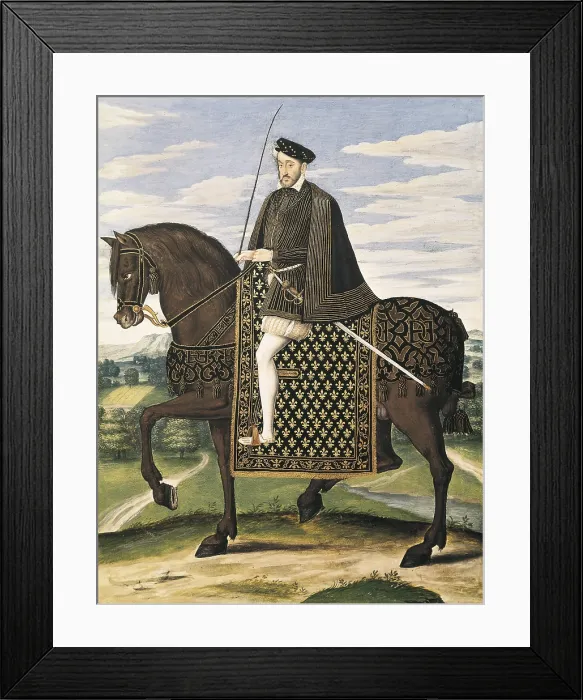 Framed Print : Equestrian Portrait of Henry II, King of France. 16th c. Parchment on wood. Renaissance art. Gouache. FRANCE. Chantilly. Musee Conde (Conde Museum)