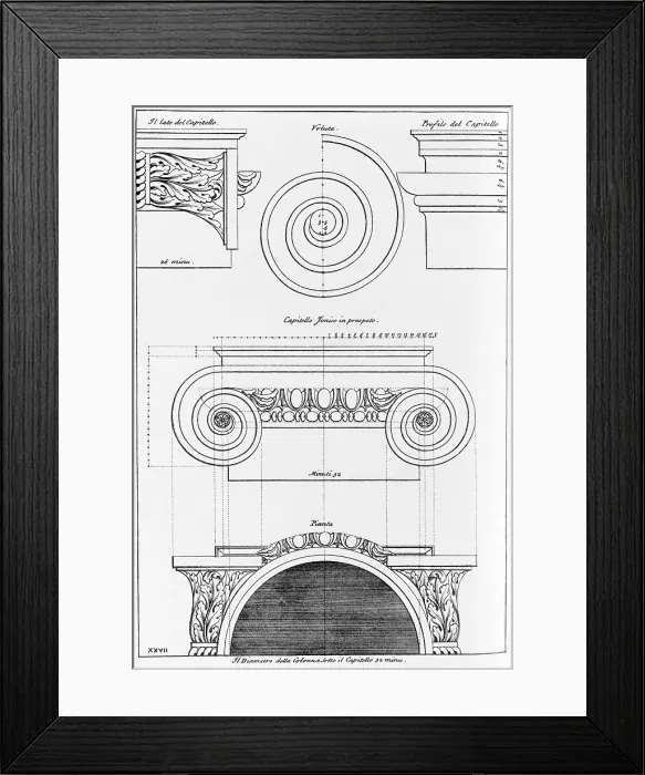 Framed Print : Architectural drawing for an Ionic capital by Italian Renaissance architect, Leon Battista Alberti (1404-1472) from his TEN BOOKS ON ARCHITECTURE. Ca. 1480