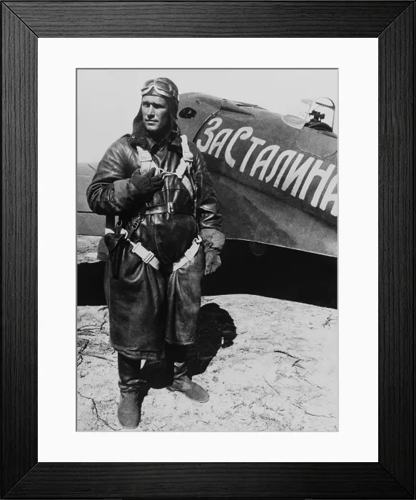 Framed Print : Soviet Ace pilot Boris Safonov, next to his I-16 airplane. Words on the aircraft read For Stalin'. Lt Framed Print : Soviet Ace pilot Boris Safonov, next to his I-16 airplane. Words on the aircraft read For Stalin'. Lt
