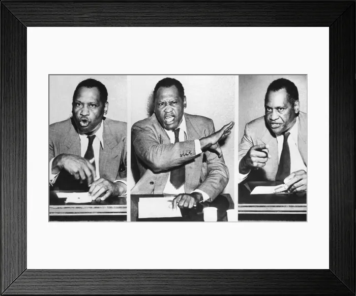 Framed Print : Paul Robeson, speaks to reporters after the Peekskill, N.Y. riot on Aug. 27, 1949. The violence prevented a Robeson concert to benefit the Civil Rights Congress Framed Print : Paul Robeson, speaks to reporters after the Peekskill, N.Y. riot on Aug. 27, 1949. The violence prevented a Robeson concert to benefit the Civil Rights Congress