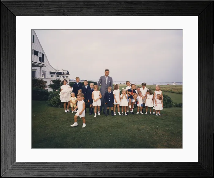 Framed Print : President Kennedy with his children and many nieces and nephews at Hyannisport, Aug. 3, 1963. L-R: Kathleen Kennedy (holding Christopher Kennedy ) Edward Kennedy Jr. Joseph P