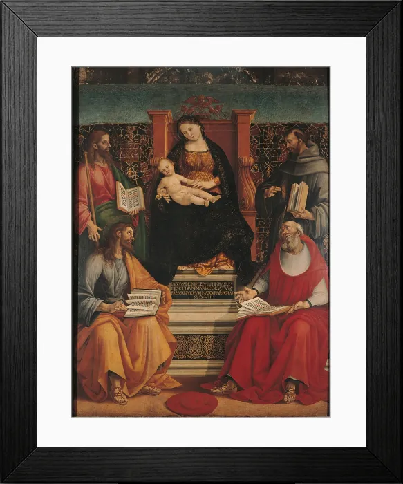 Framed Print : The Madonna Enthroned with Child and Saints (St James the Greater, St Simon, St Francis and St Bonaventura), by Luca Signorelli, 1507, 16th Century, tempera on panel