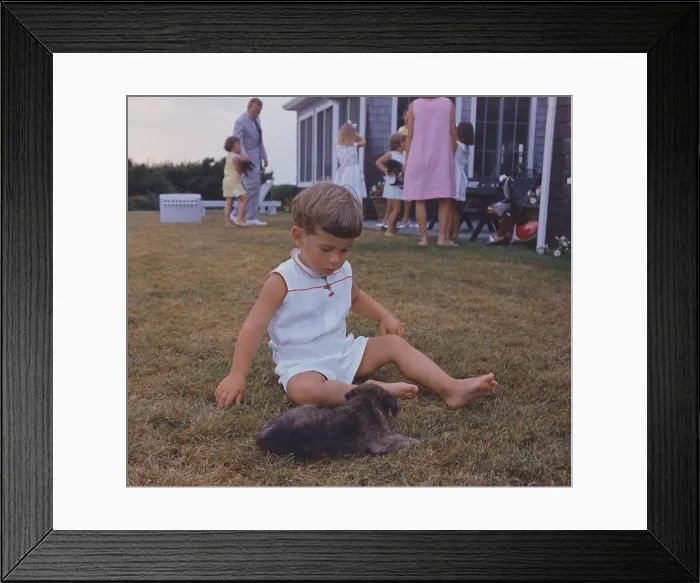 Framed Print : President Kennedy's two year old son, John Jr. playing with a puppy. Hyannisport, Squaw Island, Aug. 3, 1963
