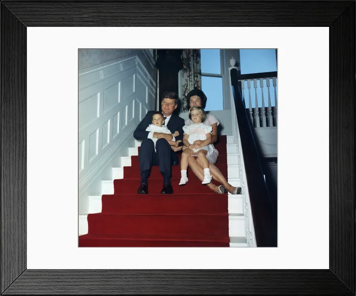 Framed Print : President John Kennedy and his family at Hammersmith Farm, Rhode Island. The President holds son, John Jr, and Jacqueline Kennedy holds Caroline. Sept 29, 1961