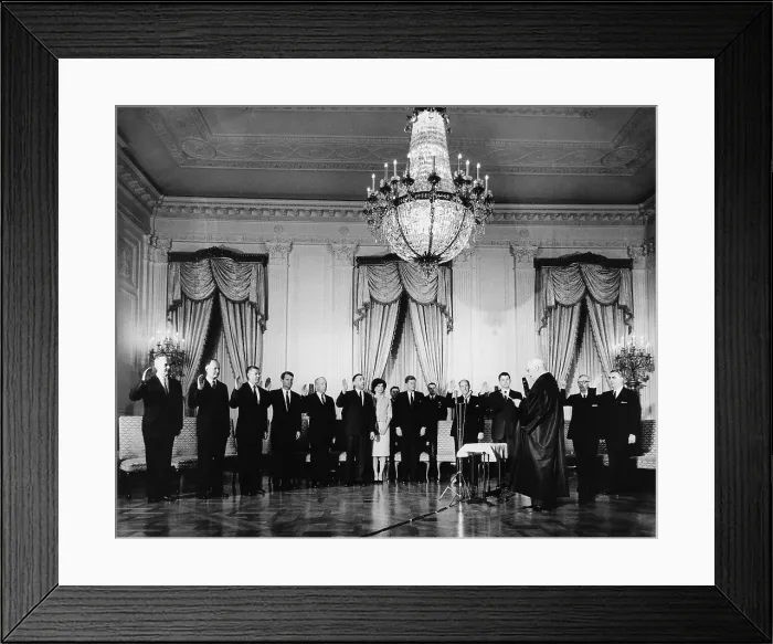 Framed Print : Swearing-In Ceremony of President Kennedy's Cabinet. Jan. 27, 1961. Chief Justice Earl Warren administers Oath to (L-R) Dean Rusk, Douglas Dillon, Robert McNamara, Robert F