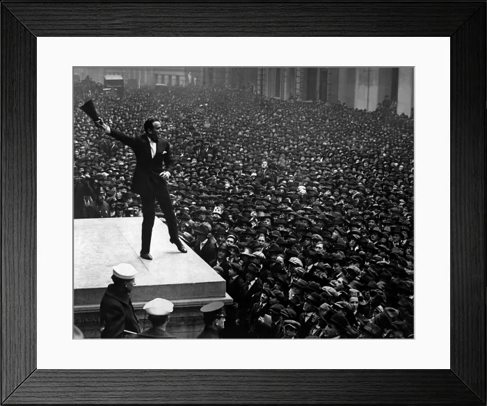 Framed Print : Third Liberty Loan Campaign during World War I. Douglas Fairbanks, movie star, speaking in front of the Sub-Treasury building, New York City. April 1918 Framed Print : Third Liberty Loan Campaign during World War I. Douglas Fairbanks, movie star, speaking in front of the Sub-Treasury building, New York City. April 1918