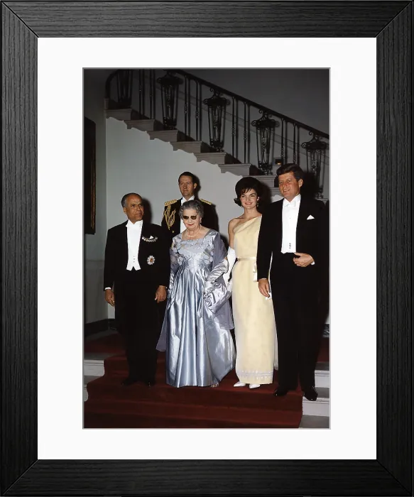 Framed Print : White House state dinner quests at Grand Stair Case. L-R: Tunisian President Habib Bourguiba, Mrs. Bourguiba, Jacqueline Kennedy, President Kennedy