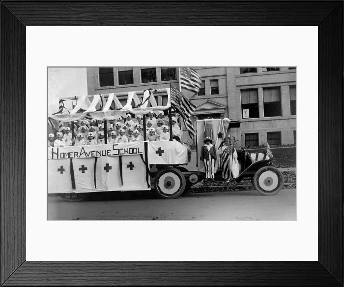Framed Print : School children on a float in the Second Liberty Loan Parade, in Cortland, N.Y. World War I. Ca. 1917