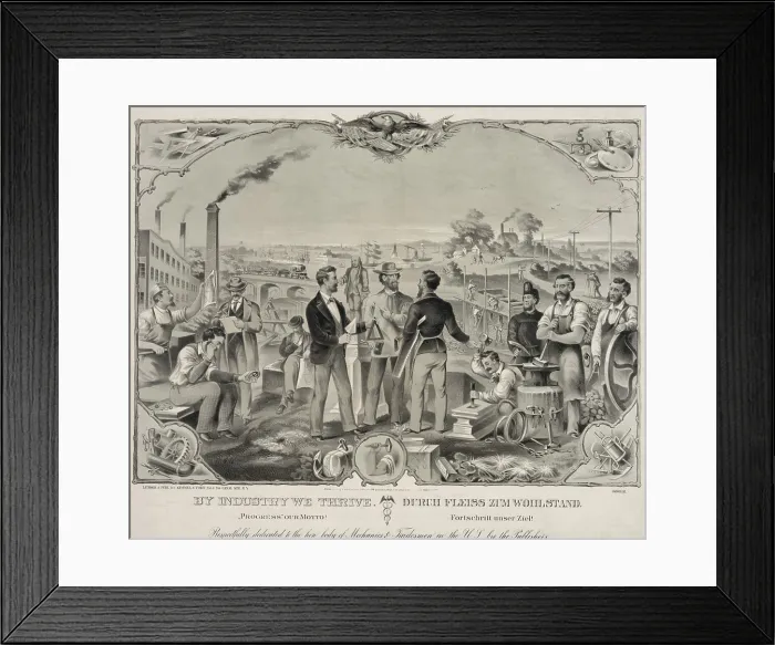 Framed Print : Bi-lingual poster in English and German, BY INDUSTRY WE THRIVE, 1873