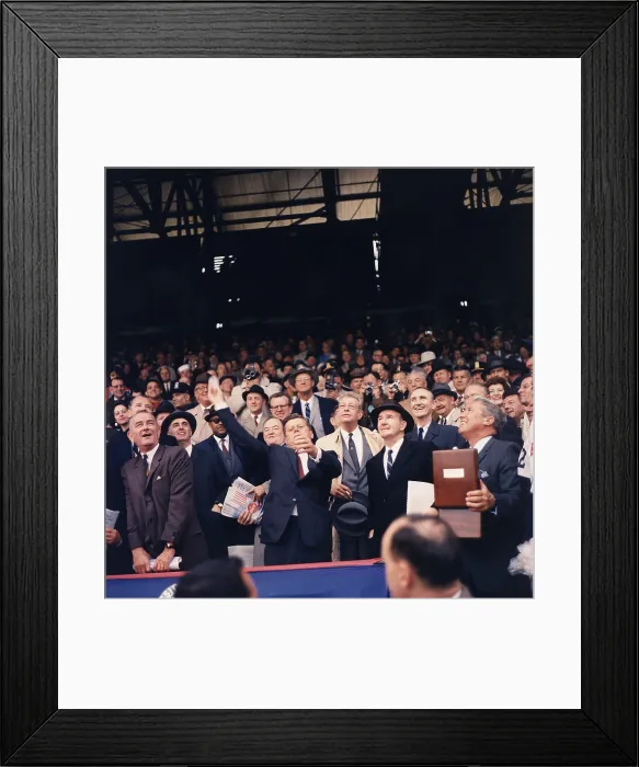 Framed Print : President Kennedy throws out first ball on Opening Day of 1961 Baseball Season. First row L-R: VP Johnson, Kennedy, Dave Powers, Elwood Quesada