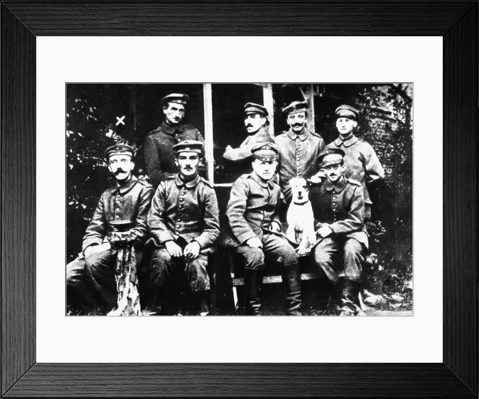 Framed Print : Adolf Hitler, front row, left with a group of German Soldiers during World War I. Ca. 1916-18