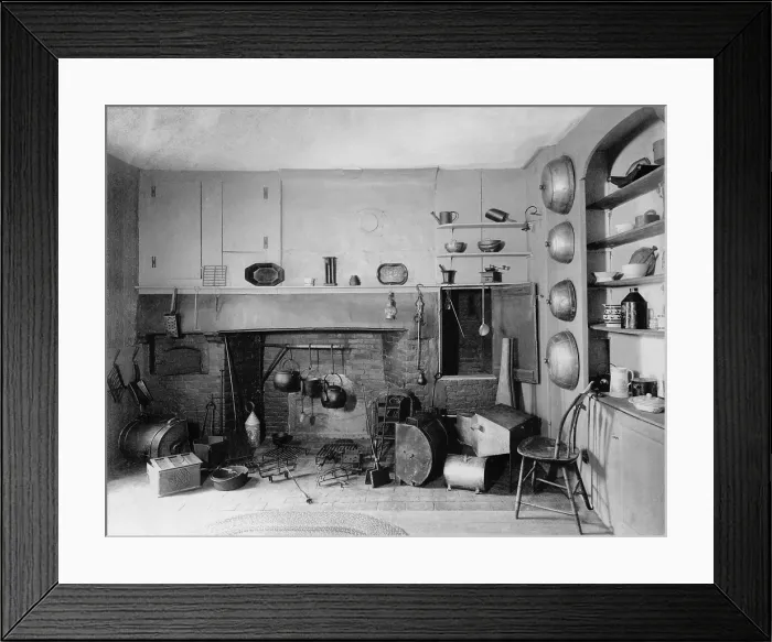 Framed Print : American Colonial era fireplace with the utensils and tools for cooking on an open fire