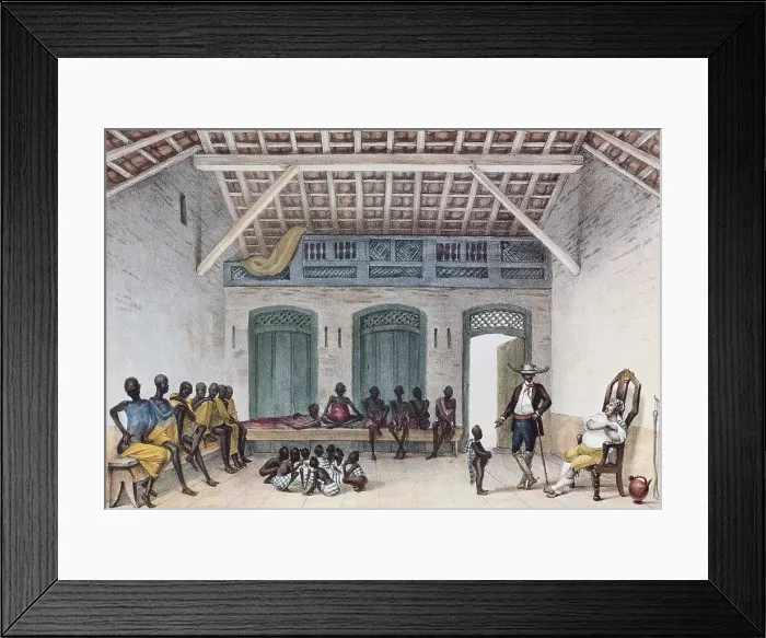 Framed Print : DEBRET, Jean Baptiste (1768-1848). A Colourful and Historic Journey to Brazil. 1839. Slave market in Val Longo street. Costumbrism. Litography. - J