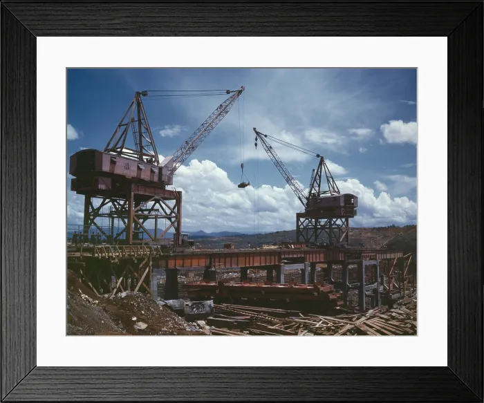 Framed Print : Massive cranes on a steel superstructure during the construction of Douglas Dam, a Tennessee Valley Authority public works project. June 1942 Framed Print : Massive cranes on a steel superstructure during the construction of Douglas Dam, a Tennessee Valley Authority public works project. June 1942