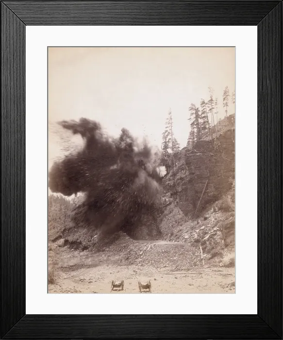 Framed Print : Smoke from a dynamite blast during railroad construction near Deadwood, South Dakota. Ca. 1890