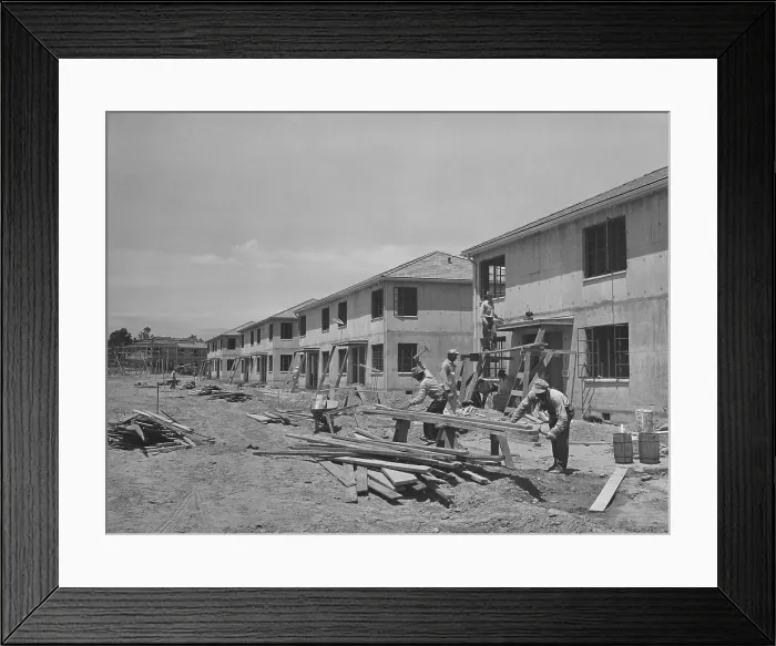 Framed Print : Houses under construction at the Navy defense housing project for enlisted men in the Marines and Navy. San Diego, California. May 1941 photo by Russell Lee