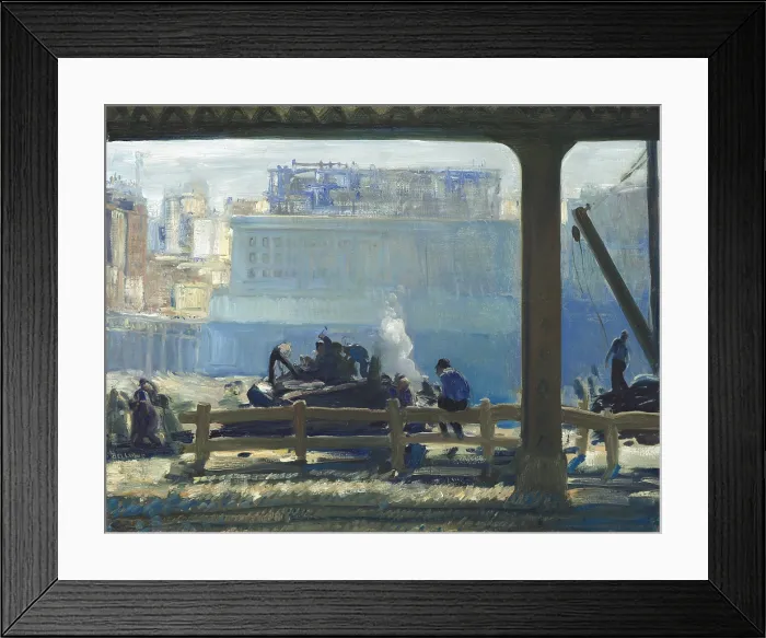 Framed Print : Blue Morning, by George Bellows, 1909, American painting, oil on canvas. The blue atmosphere veils the new Beaux-Arts facade of Pennsylvania Station under construction