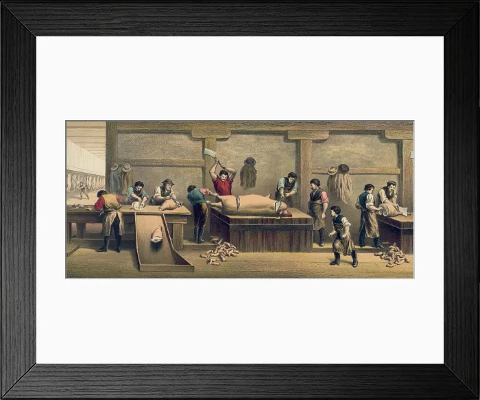 Framed Print : Pork packing house in Cincinnati, Ohio, 1873. Scene shows butchering of hogs, cutting them into hams, and removing the feet and heads