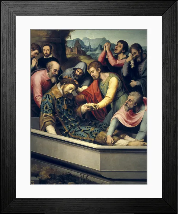 Framed Print : JUANES, Juan de (1523-1579). The Burial of Saint Stephen. ca. 1560 - ca. 1565. Four males place him in the coffin, while three others attend the scene crying Framed Print : JUANES, Juan de (1523-1579). The Burial of Saint Stephen. ca. 1560 - ca. 1565. Four males place him in the coffin, while three others attend the scene crying