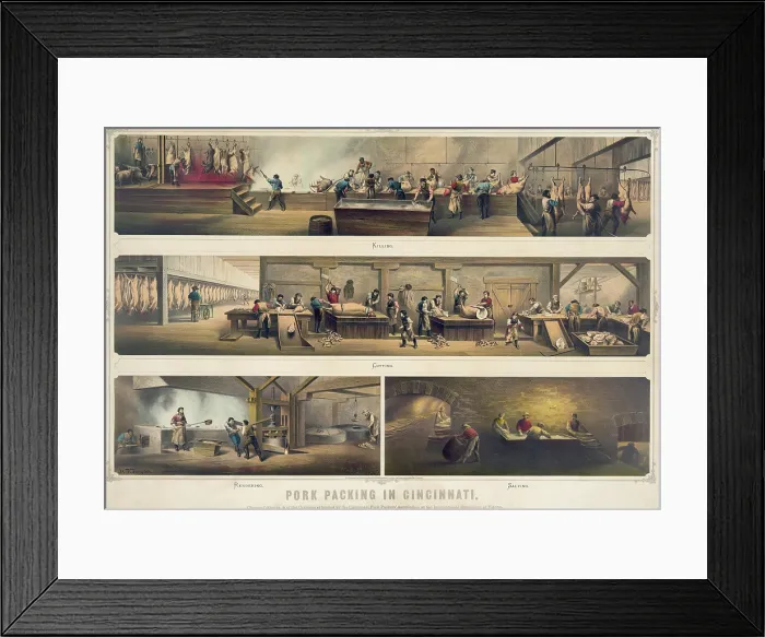 Framed Print : Four scenes in a pork packing house: Killing, Cutting, Rendering, and Salting are depicted in a poster of the Cincinnati Pork Packers Association, 1873 Framed Print : Four scenes in a pork packing house: Killing, Cutting, Rendering, and Salting are depicted in a poster of the Cincinnati Pork Packers Association, 1873