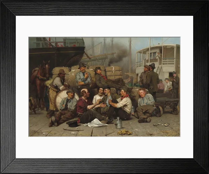 Framed Print : The Longshoremen's Noon, by John George Brown, 1879, American painting, oil on canvas. With bales of cotton behind them, longshoremen break for lunch on a wharf