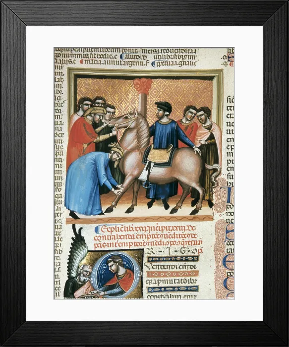 Framed Print : Codex Justinianus (1350). Selling a horse. Byzantine art. Miniature Painting. ITALY. Turin. National Library of the Turin University