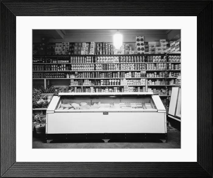 Framed Print : Refrigerator for perishable meat and vegetables in a Washington, D.C. Grocery store, in the 1920s Framed Print : Refrigerator for perishable meat and vegetables in a Washington, D.C. Grocery store, in the 1920s