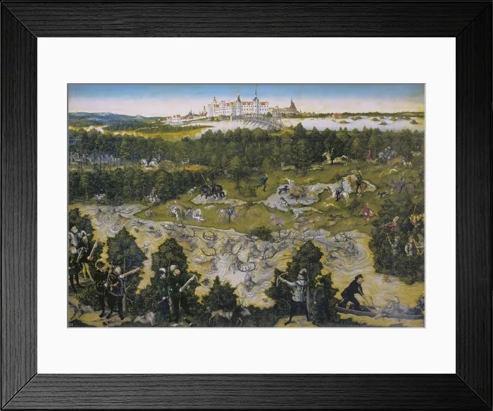 Framed Print : Cranach, Lucas, 'the Elder' (1472-1553). Hunt in Honour of Charles V at the Castle of Torgau. 1544. Deer hunting and hounding towards the water